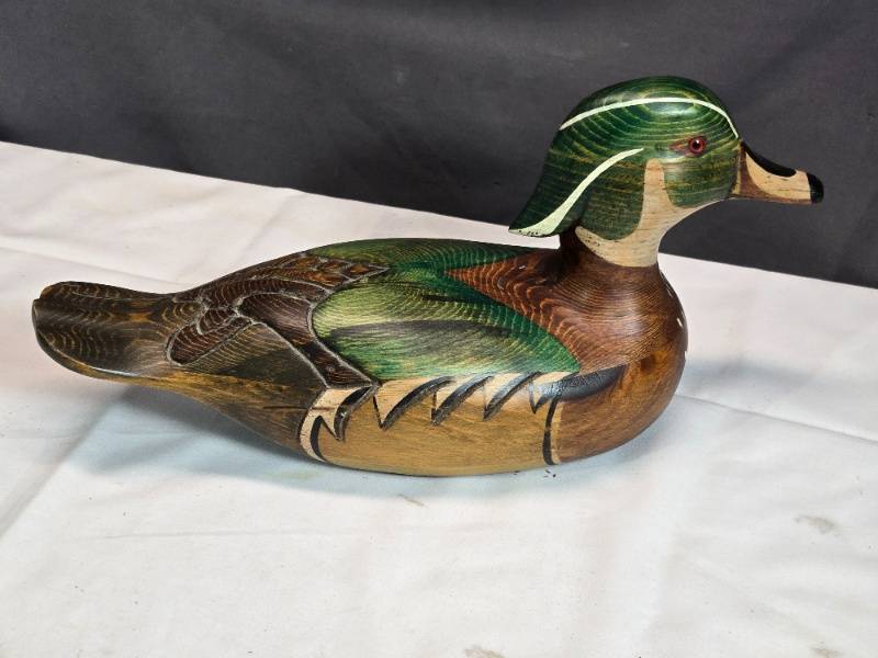 Hand-Carved and Painted Wooden Duck Decoy by Tom Taber for Sale in
