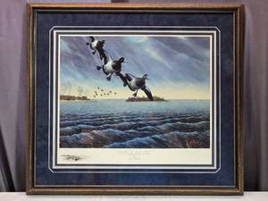 lot 13 image: Framed Les C. Kouba Print Bluebills Visit Indian Point Signed and Numbered 21684400
