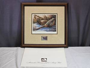 lot 20 image: 1990 Minnesota Pheasant Habitat Stamp Print by Theresa Marschel, Framed Numbered 24772500