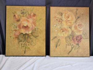 lot 36 image: Pair of Floral-Themed Wall Art Prints Rose and Paix - Solid Wood