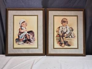 lot 37 image: Pair of Framed Prints by J. Darcey - Boy with Puppy & Girl with Kitten