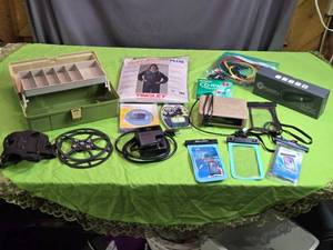 lot 91 image: Mixed Lot Fishing Tackle Box, Rain Suit, Electronic Accessories, Waterproof Cell Phone Bags
