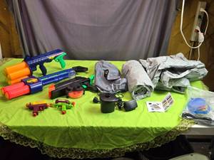 lot 99 image: Assorted Nerf Blasters with Air Mattress and Pump