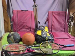 lot 104 image: Mixed Sports Equipment Lot with Tennis Rackets and Maroon Chair Pads