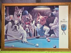 lot 112 image: Vintage Framed The Hustler Dog Pool Players Art Print - Small Crack in plexi cover on bottom right