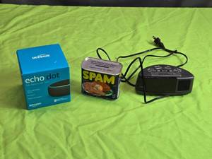lot 132 image: Echo Dot with Collectible SPAM Can and Digital Alarm Clock