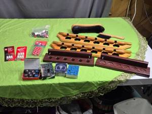 lot 134 image: Billiards and Pool Table Accessories Lot with Cue Racks and Chalk