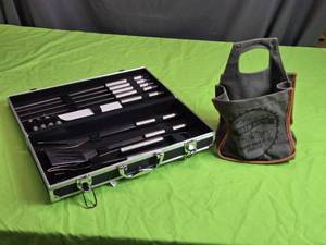 lot 135 image: Stainless Steel BBQ Tool Set with Canvas Holder - Dekalb Asgrow