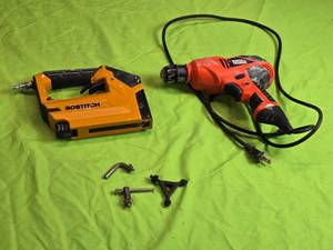 lot 144 image: Bostitch Pneumatic Stapler, Black and Decker Drill
