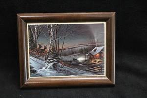 lot 454 image: Collectors Tile Art - Deer Visit at the Cabin by Terry Redlin Signed , Wood Frame