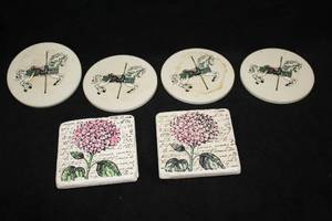 lot 459 image: Lot of (6) Decorative Coasters - Flowers, Carousel Horse