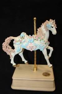 lot 496 image: 10 Collectors Musical Carousel Horse - Ashley Court #23145000 in the Carousel Collection from The SF Music Box Co (Pastel WhitePinkBlueBrown)