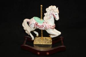 lot 497 image: 7 Collectors Musical Carousel Horse - (Pastel WhitePinkGreenRed)