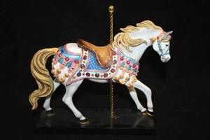 lot 501 image: 7 Collectors Musical Carousel Horse - The Trail of Painted Ponies - Bedazzled by J.E. Speight #1E7291 from Westland Giftware (WhiteBluePinkRedTan)