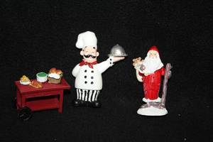 lot 600 image: Lot of (3) Assorted Collectors Figurines - French Chef, Santa Claus, Table of Food