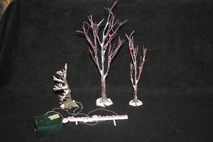 lot 1096 image: (3) Snow Covered Tree Accessories and (1) Light-Up Merry Christmas Accessory