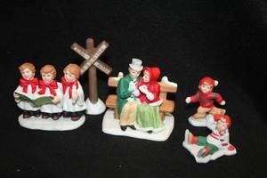 lot 1082 image: Collectors Figurines - Choir Boys, Ice Skaters, Couple on a Bench, Railroad Crossing Sign - from Lefton