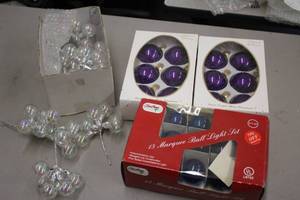 lot 1114 image: Lot of (4 Boxes) Assorted Holday OrnamentsDecorations (Bulbs), Marquee Ball Light Set, Handcrafted Glass Ornaments