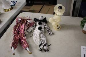 lot 1138 image: (2) Mardi Gras Porcelain Clown Dolls and (1) Clown Candle