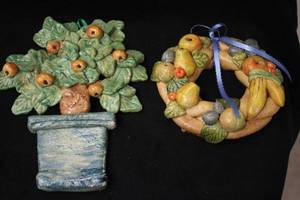 lot 1141 image: Lot of (2) Wall Art - Flower Basket, Fruit Wreath