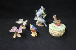 lot 1153 image: Lot of (5) Assorted Porcelain Collectors Figurines & Dish - Robin, Blue Jays, Butterfly (x2), Robin Keepsake Dish
