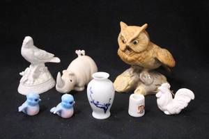 lot 1150 image: Lot of (8) Assorted Collectors Figurines - Owl, Rhino, Birds, Rooster, Vase, Mug