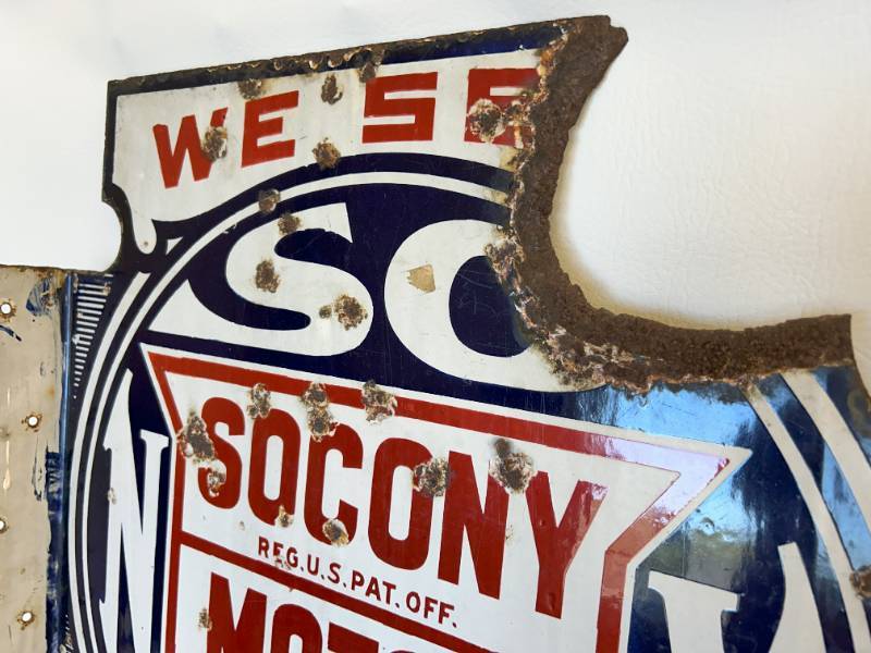 Vintage Porcelain SOCONY STANDARD Oil Flanged Sign for Sale in