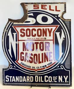lot 14 image: Vintage Porcelain SOCONY STANDARD Oil Flanged Sign