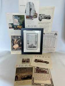 lot 37 image: Antique Framed BlkWht PIERCE ARROW Ad and 9 Additional Arrow Ads. Circa early 1900s