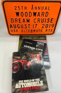 lot 66 image: Metal 25th Annual WOODWARD DREAM CRUISE sign and 3 Hardcover Books