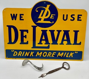 lot 16 image: Vintage DELAVAL Drink More Milk Metal Sign, Old Jack Sprat Bottle Opener from The AVERILL DAIRY CO., Cream Top Spoon