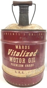 lot 49 image: Vintage 5 Gal. MONTGOMERY WARD Vitalized Motor Oil Can