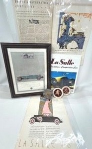 lot 67 image: Large Cadillac LaSalle Lot, Includes Framed Ad, 16 Original Ads dated 1929-1930s, Signed First Edition Book