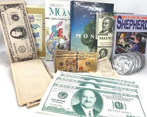lot 75 image: The MONEY Lot #1 - 5 Books, 3 Buffalo Nickel & Standing Liberty Play Coins, In TRUMP We Trust, JESSE VENTURA Political Handouts