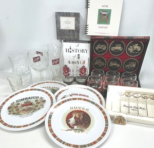 lot 77 image: Barware Lot - Vintage Liquor Glasses in Book Box from Sweden, 2 STROH GlassesKeychain, 2 SCHLITZ Glasses, POTTERY BARN Plates & Picks, Plus More