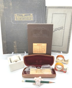 lot 78 image: Fabulous Vintage Office Lot-Includes Porcelain Stamp Moistener, Eye Glasses wCase, 1930s Iconic 3M Snail Shape Tape Dispenser & More