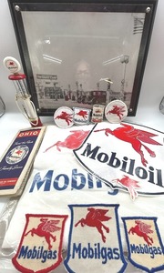 lot 100 image: MOBILGAS Lot w Vintage Photo of Humble OilStation, 8 Mobilgas Pump, XL T-shirt, Decals, Map & 5 Pegasus Patches