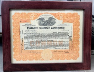 lot 103 image: Gillette Rubber Stock Certificate, Framed