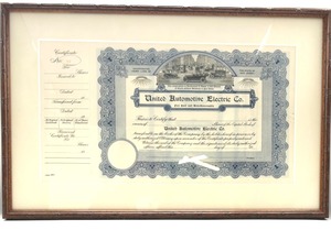 lot 104 image: Professionally Framed United Automotive Electric Co. Stock Certificate