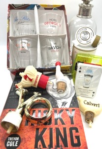 lot 123 image: Whiskey Lot including POTTERY BARN PewterCrystal Decanter, Set of Libbey, Duratuff, Rocks Glasses and More