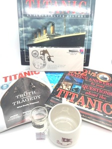 lot 151 image: TITANIC Lot Includes Reproduction White Star Line Mug, Shot Glass, Pin & Books