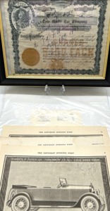 lot 189 image: 1912 COLE MOTOR Car Company Stock Cert. & 4 Ads