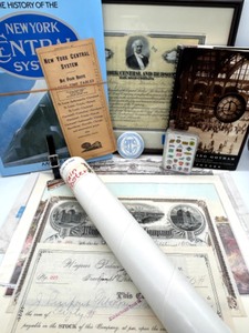 lot 200 image: Terrific Train Lot Includes Professional Framed 1913 NY Central & Hudson River RR Co. Stock Certificate & More