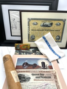 lot 205 image: Tremedous Train Lot Includes Professionally Framed Chicago, Milwuakee & St. Paul Railway Co. Stock Certificate & More