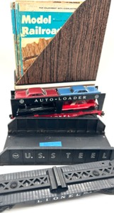 lot 217 image: LIONEL O Scale Train Cars, Girder Bridge, 16 Vintage Magazines & 1 Hardcover Book