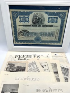 lot 223 image: 1926 Peerless Motor Car Corp Stock Cert., 9 Car Ads Ranging From 1906-1930s