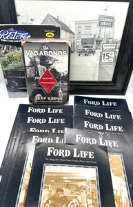 lot 256 image: Back Issues of Ford Life, 1 Issue of The Restorer, Framed Photo of Gas Station & Model A & Book