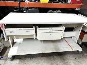 lot 4 image: $$$$ Heman Miller Mobile Heavy Duty Large & Spacious Lab Workbench Table with Drawers & Storage Height Adjustable - Moves Smoothly & Good Condition Needs Some Clean Up Underneath 72W x 30D