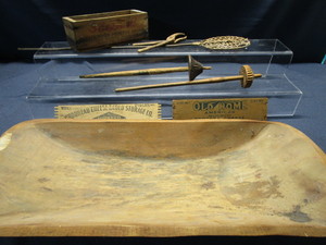 lot 67 image: Wooden Dough Bowl, Carved Pliars, Drizzle Sticks, Primitive Fly Swatter