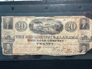 The Mississippi & Alabama Railroad Company $20 Dollar Bill